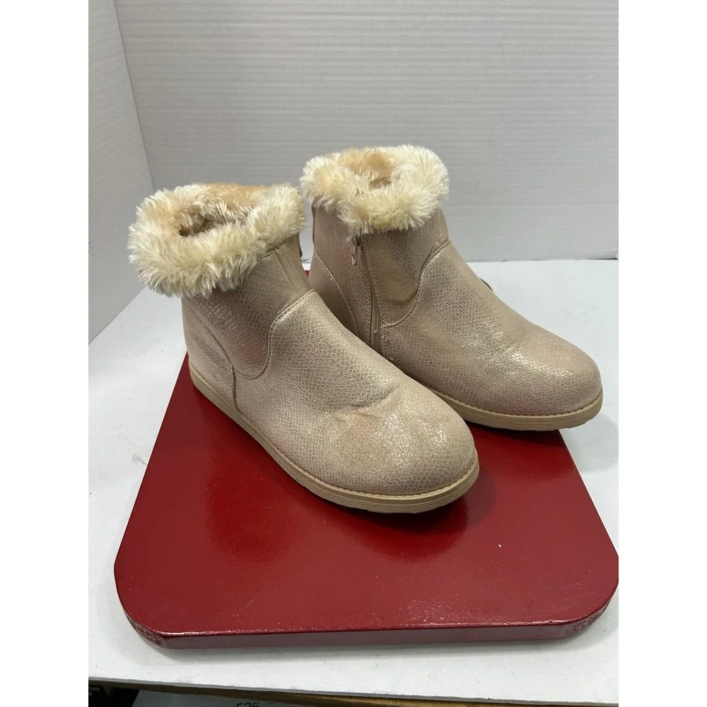 Cat & Jack Shimmer Ankle Boots 5 Rose Gold Faux Fur Trim Metallic Winter Glam